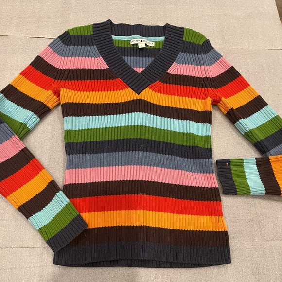 [M]Tommy Hilfigure Rainbow Ribbed V Neck Cotton Sweater Striped Y2K - Picture 1 of 5